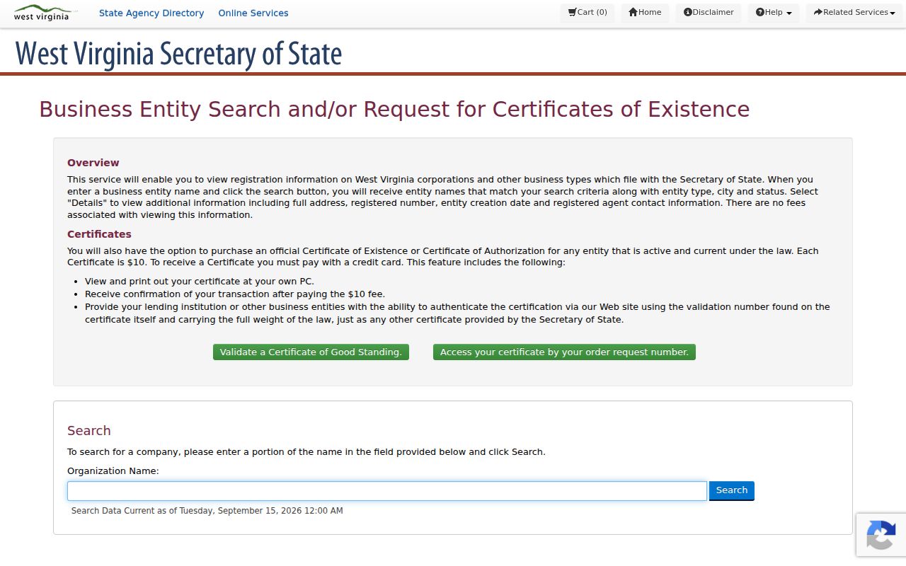 West Virginia Secretary of State business entity name search