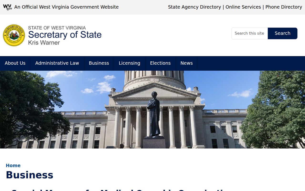 West Virginia Secretary of State business-services page linking to organization records