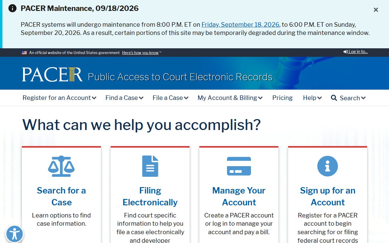 PACER homepage for federal court records