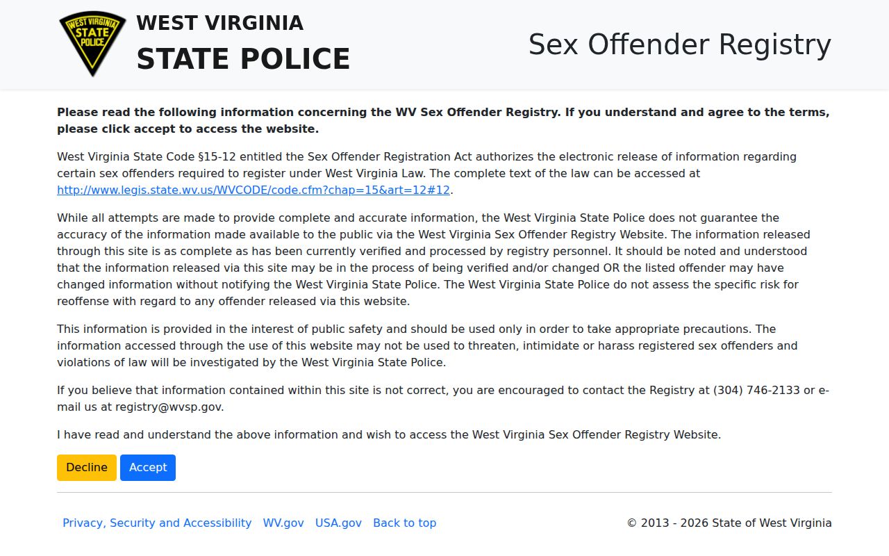 West Virginia State Police registry landing page