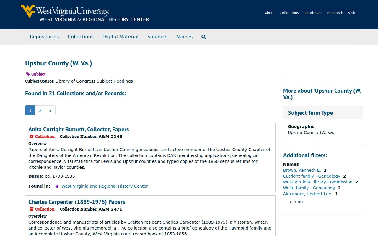 WVU Archives catalogue for Upshur County historical collections