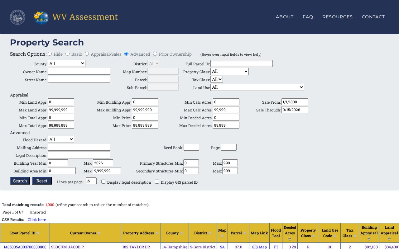 MapWV owner query interface for county assessment records