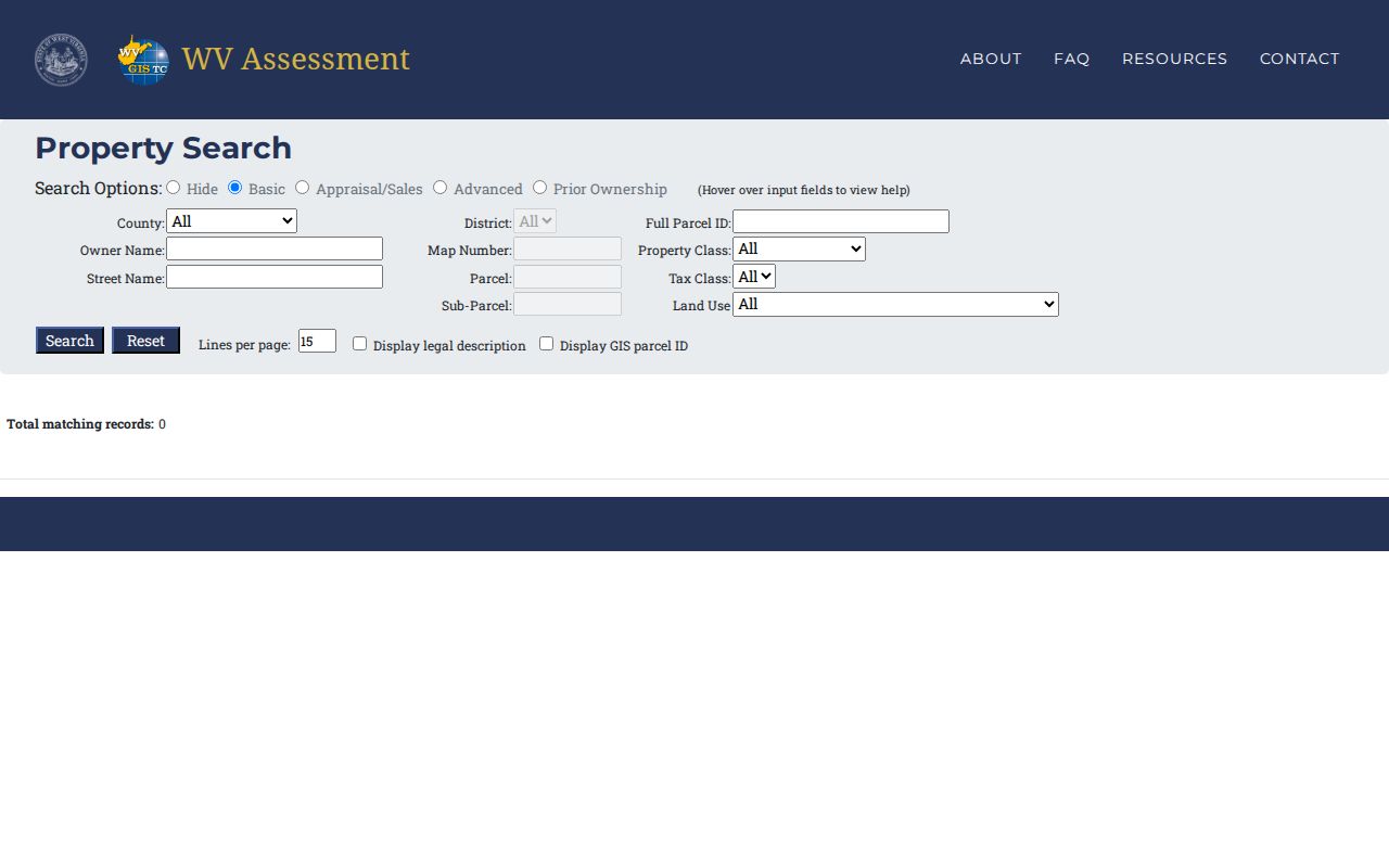 MapWV West Virginia property assessment search interface