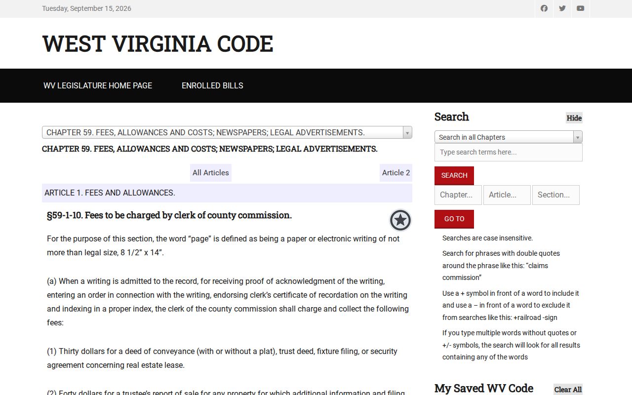 West Virginia Code page with County Clerk recording fees