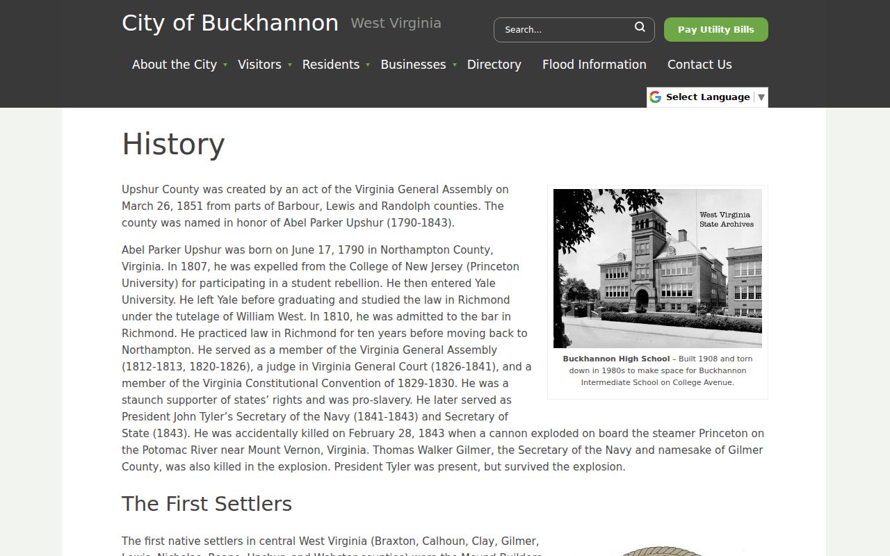 Official Buckhannon history page describing the city's early county-court history