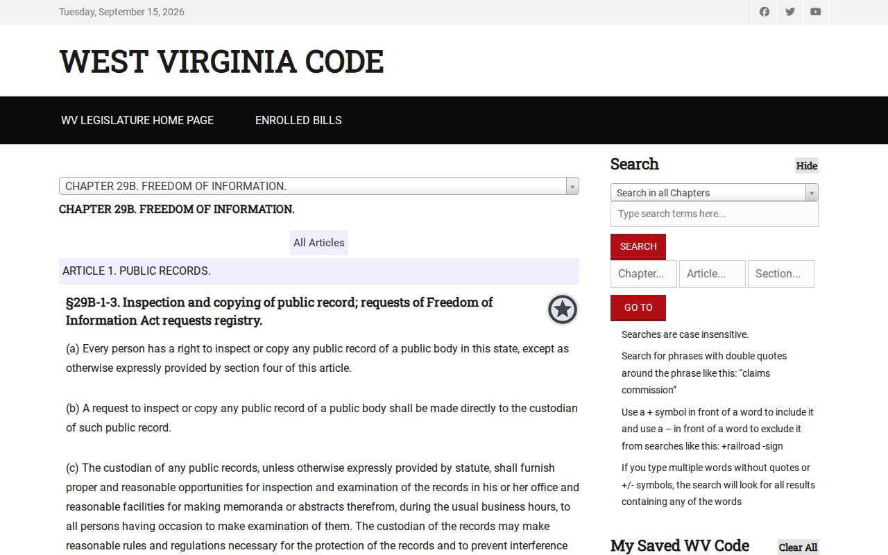 West Virginia FOIA statute page describing response and reproduction-cost rules