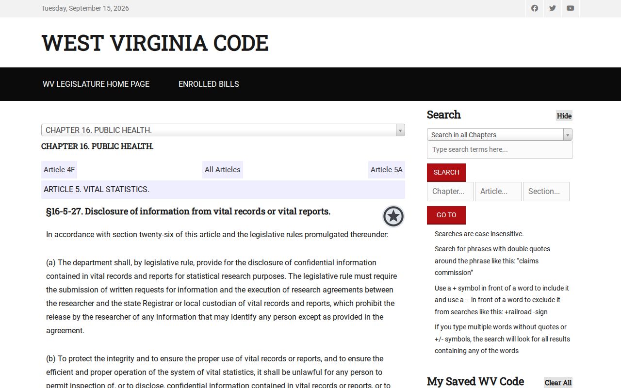 West Virginia law defining when birth and death records open to public inspection